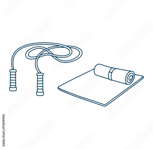 Line art illustration of fitness equipment including a jump rope and yoga mat