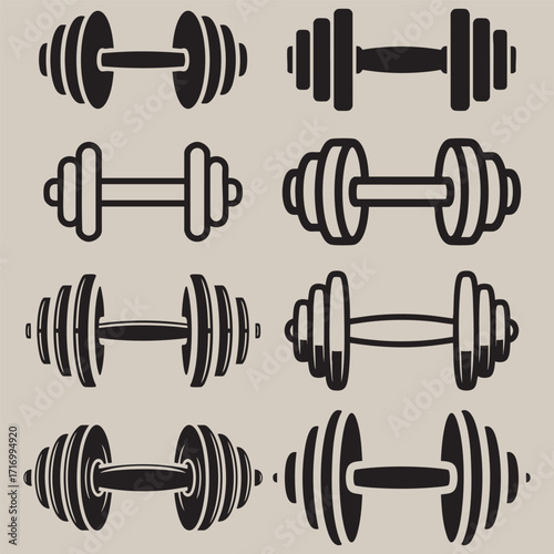 Flat Black Silhouette Dumbbell and Vector Icon Bundle – Fitness Gym Collection