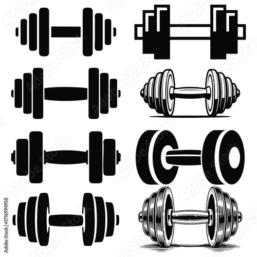 Flat Black Silhouette Dumbbell and Vector Icon Bundle – Fitness Gym Collection