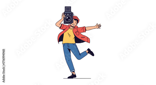 Enthusiastic young photographer in action with vintage camera enjoying photography process