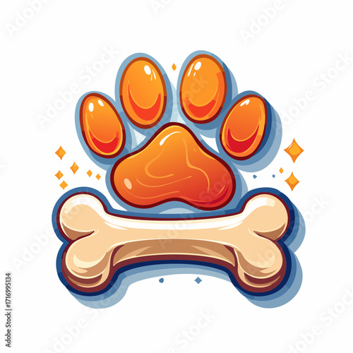 Cute cartoon dog paw print with a bone, representing pet care and canine companionship for a playful vibe