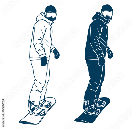 Outlined snowboarder in a winter outfit performing a snowboarding stance in two color options