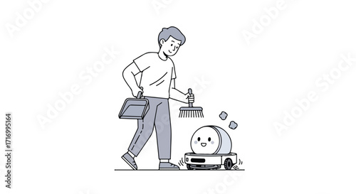 Modern Cleaning Duo: Young Man and Smiling Robot Vacuum Cooperating on House Chores Depiction