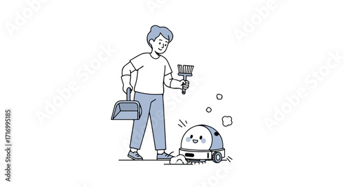 Engaging cartoon illustration of a person cleaning with a friendly robotic vacuum, highlighting teamwork and modern household