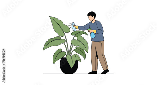 Illustration depicting a person tending to a houseplant, showcasing care and nature's integration into indoor spaces, suitable for gardening or home