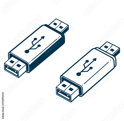 Stylized illustration of two usb flash drives representing data transfer and storage