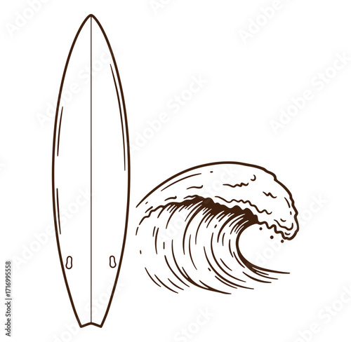 Surfing illustration featuring surfboard and crashing ocean wave brown outline artwork