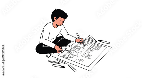 Creative architectural designer immersed in detailed blueprint creation, showcasing meticulous planning and vision in minimalist illustrative style