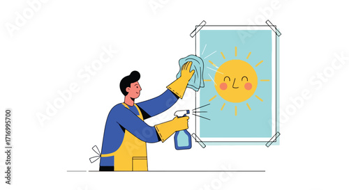 Energetic man with cleaning spray and cloth tidying up a cartoon drawing of a cheerful sun with meticulous care and precision