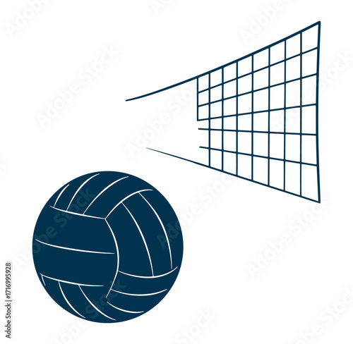 Vector illustration depicting a volleyball and net symbolizing athletic competition and sport
