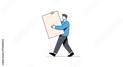 Minimalist illustration depicting a man carrying a large blank board with purposeful stride and subtle determination showcasing an empty canvas