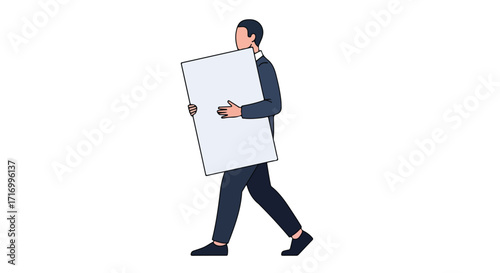 Faceless professional walking with an empty white board, perfect for adding custom messages, adaptable for various business presentation usages
