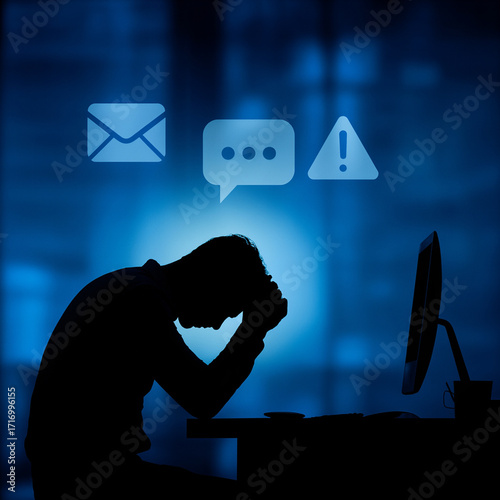 Silhouette of stressed employee at desk with digital icons of emails, messages, and warnings above. Symbolic concept of digital overload and workplace anxiety.