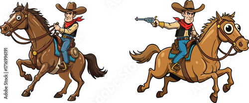Cartoon cowboy riding horse, western character illustration, wild west scene, gunslinger action, rodeo style, vector art, adventure theme, frontier lifestyle