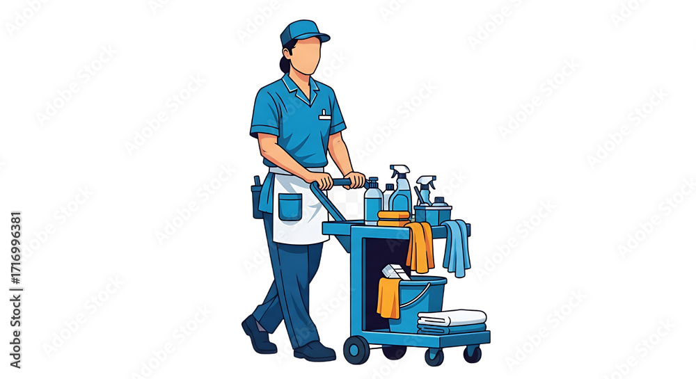 Fototapeta premium Cleaning Professional Pushing a Cart Filled with Supplies Maintenance Services