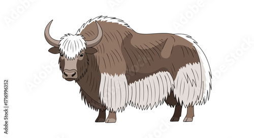 Detailed cartoon illustration of a yak with brown and white fur against a clean white background