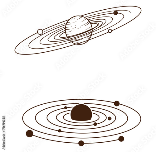 Vector illustration of two solar system designs depicting planets and orbiting rings