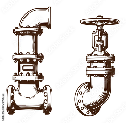 Vintage engraved illustrations of industrial pipeline components including valves and pipe fittings