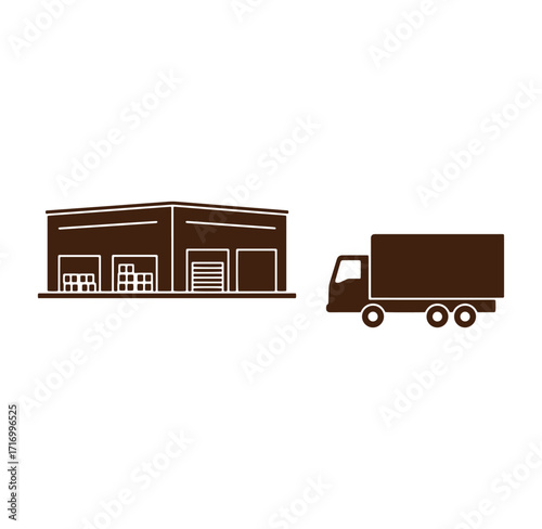 Warehouse building and delivery truck illustration in a simple flat minimalist icon design