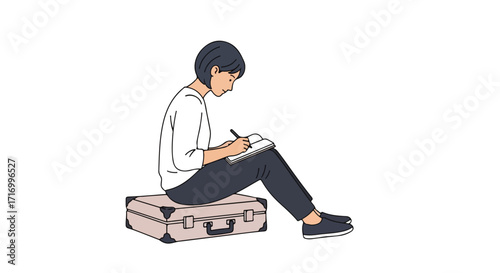 Sketch artist sitting on luggage capturing thoughts and experiences in simple black and white illustration with ample copy space available