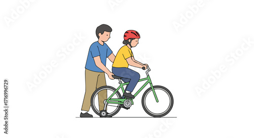 Illustrative father assisting child learning to ride bike, ensuring safety and confidence while fostering memorable bonding experiences