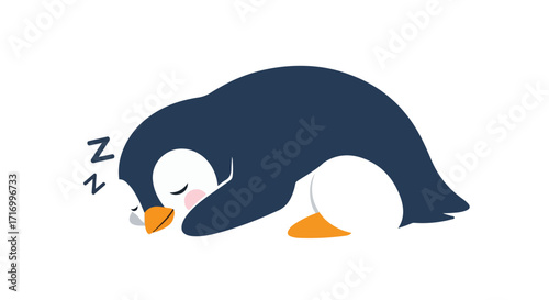 Captivating cartoon penguin taking a nap, depicting peaceful sleep on a white backdrop, simple design style showcasing quiet rest