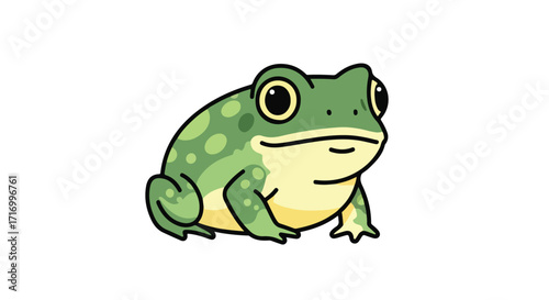 Charming Cartoon Illustration of a Green Spotted Frog with Expressive Eyes and Bold Outlines on White Backdrop