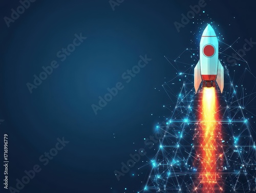 Modern digital illustration of a futuristic rocket launching into the dark sky with glowing effects, digital network lines, and a science fiction theme
