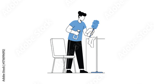 Illustration of a woman cleaning a house with a feather duster and spray bottle focused on domestic chores and cleanliness