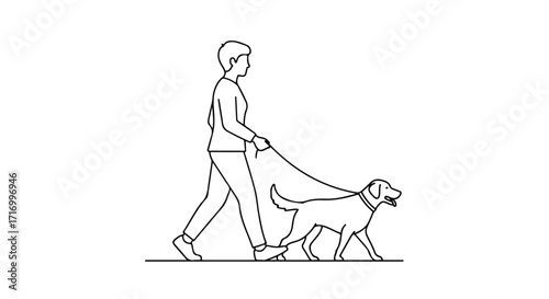 Linear artwork showcasing a person's silhouette walking a dog on a leash, set against a clean white background creating a minimal, yet heartwarming