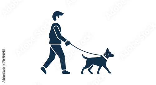 Stylized vector graphic showcasing a person walking a dog with simple lines and a limited color palette minimalist aesthetic presentation