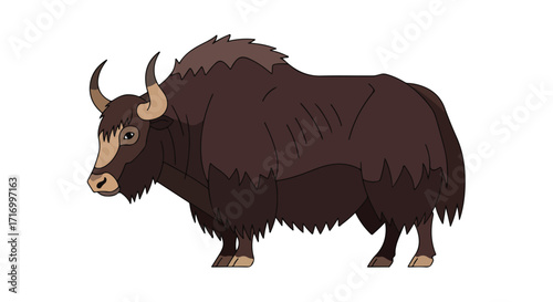 Stylized Illustration of a Yak with Distinct Brown Fur and Curving Horns on a White Background