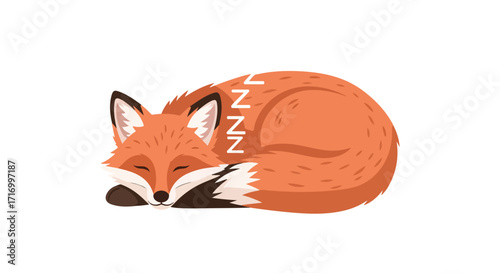 Tranquil slumber of a cartoon fox, illustrated with the cute animal dreaming peacefully on a white backdrop showcasing its whimsical charm and cozy