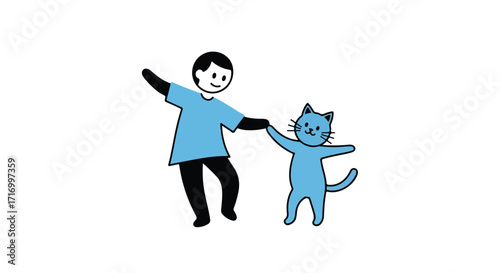 Playful bond of a human and an anthropomorphic cat dancing together in a whimsical illustration
