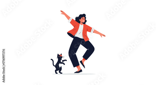 Whimsical dance of freedom and feline joy illustration conveying carefree moments and joyous interaction between person and pet