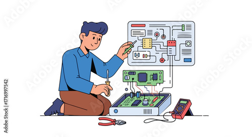 Diligent engineer meticulously repairs a circuit board with precision tools, demonstrating technical expertise and problem-solving skills meticulously