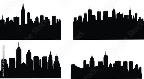 City silhouette skyline collection on transparent background. Set of black city silhouette. Night town skyline icons. Vector illustration.