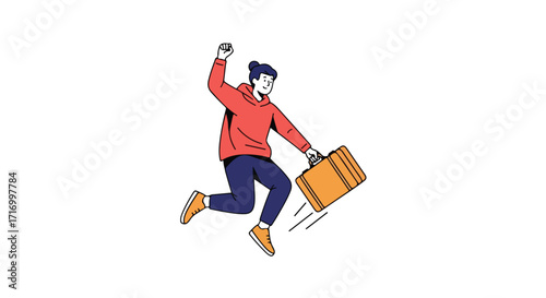 Joyful Journey: Animated Character Leaping with Suitcase Against White Backdrop Design illustration
