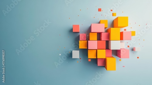 Abstract geometric composition featu pink, yellow, orange, and gray cubes arranged on a light blue background with scattered particles and shadows