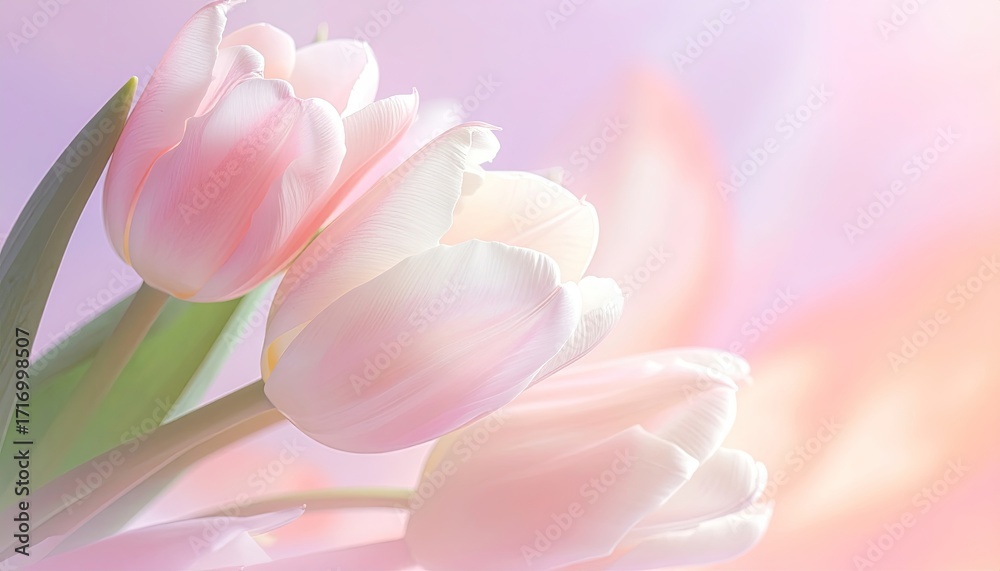 Fototapeta premium Soft Pink Tulips with Delicate White Hues in a Blurred Light Background Highlighting Floral Serenity