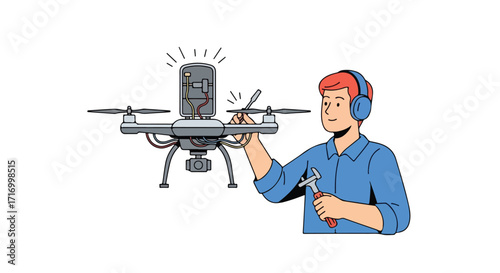 Illustrated drone repair scene featuring a technician in headphones adjusting drone propellers with tools conveying technical tasks and maintenance