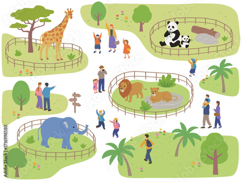 動物園と人々の風景イラスト