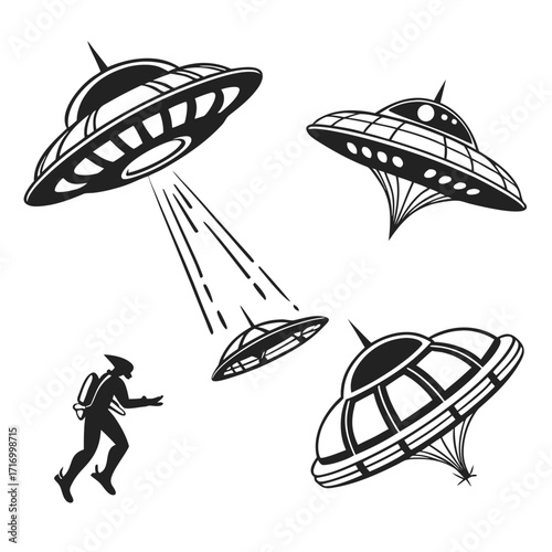 Alien abduction scene with UF Os and a running figure