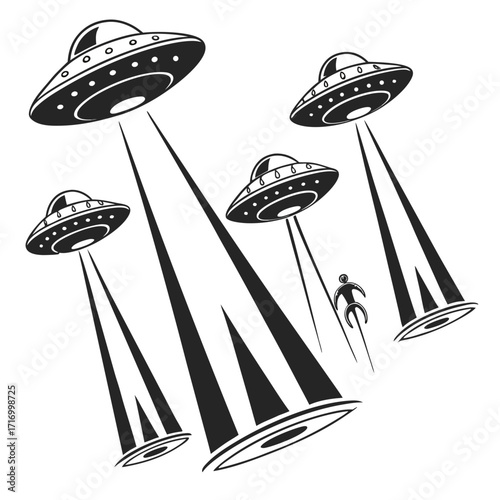 Alien invasion with flying saucers and abduction beams