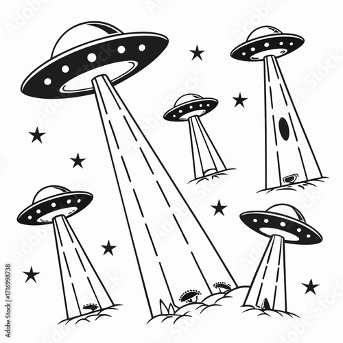 Alien saucers hovering over a landscape with stars