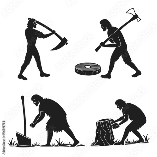 Ancient Humans Engaged in Labor and Tool Use silhouette