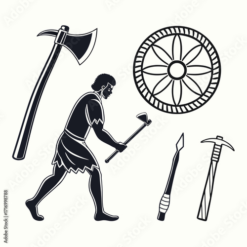 Ancient Warrior and Primitive Tools Silhouette