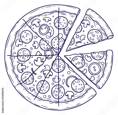 A delicious hand drawn pizza sliced into portions with mushrooms and pepperoni ingredients