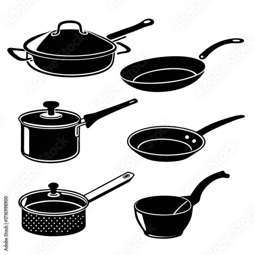 Assorted Black Kitchen Pots and Pans Silhouettes on White Keywords: kitchenware, cookware