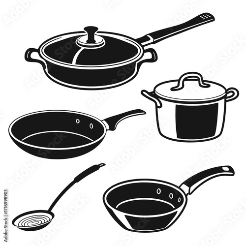 Assorted Black Kitchenware Silhouettes on White Background Keywords: kitchenware, cookware